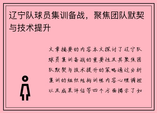 辽宁队球员集训备战，聚焦团队默契与技术提升